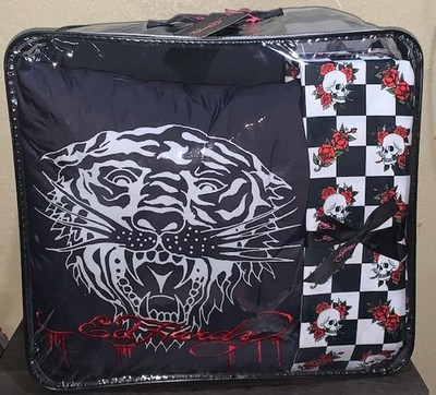 Ed Hardy QUEEN Set Tigers &Logo Print Comforter,Shams,Pillow,Skulls&Roses Sheets