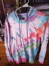 Long sleeve thin tye dye hoodie multicolor handmade drawstring out