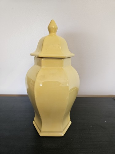 Vintage Yellow Ceramic Ginger Jar with Lid – Octagonal Temple Jar Urn