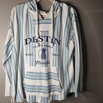 Southern Spirit Salty Vibes Destin Florida Striped Pullover Hoodie Pockets M