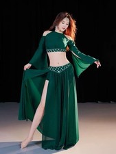 Emerald Green Belly Dance Costume Set Women 2-Piece Crop Top  High Slit Skirt