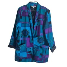 Vintage Kensington Square Abstract Blazer Jacket Blue Purple Geometric LARGE