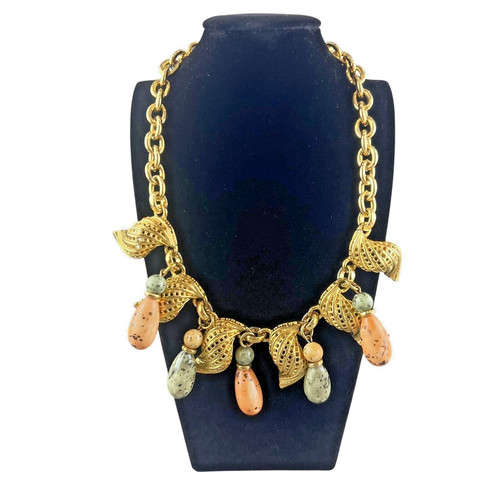 Vintage Style Gold Tone Statement Necklace Coral Drop Beads Chunky Charm Bib