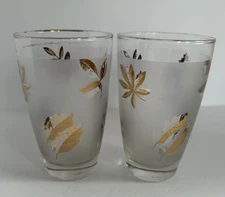 Libbey Set of 2 Golden Foliage Gold Leaf Frosted Glasses Tumblers Vintage 10oz
