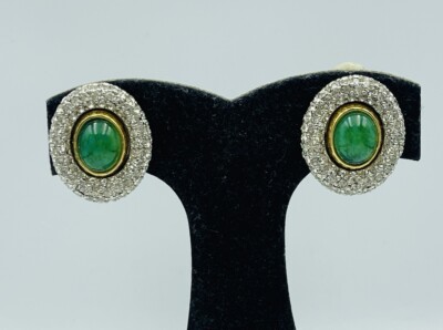 Ciner Vintage Silver & Gold Tone Jade Green Glass Cabochon Earrings