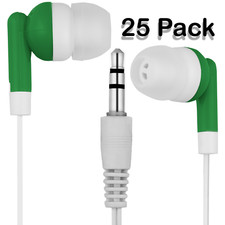 25 Bulk Lot Pack Green/White Stereo Classroom Earbuds - Individually Bagged