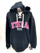 NEW US Military Veteran J. America LS Lace Up Black Hoodie Sweatshirt Women's L
