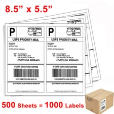 1000 Shipping Labels 8.5x5.5 Half Sheet Blank Self Adhesive 2 Per Sheet