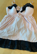 VICTORIA  S SECRET BABYDOLL DRESS TEDDY NIGHTIE WOMENS 36D PINK BLACK LACE BOW