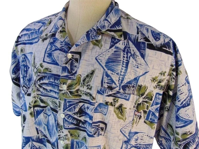 Vintage K2 Surf Mens Hawaiian Shirt L Blue White Marlin Fish Block Print Cotton