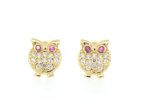 14k Solid Yellow or White Gold Owl Screw Back Stud Earrings with CZ - Picture 1 of 1