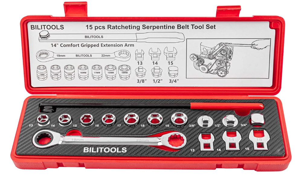 15-Piece Universal Serpentine Belt Tool Kit with Ratcheting Tensioner  