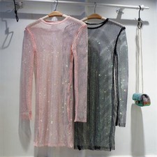 Lady Shiny Full Rhinestone Mesh Midi Dress Slim Sheer Evening Dress Party Prom