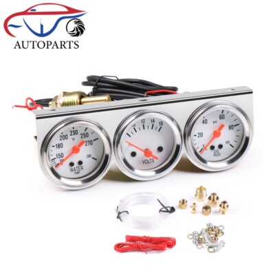 #ad Universal 2quot; 52mm Chrome Volt Water Oil Pressure Triple 3 Gauge Set Gauges Kit $29.77
