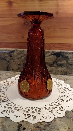 VINTAGE IMPERIAL GLASS "ANTIQUE BUTTONS" 8" AMBER VASE WITH LABEL - Picture 4 of 12