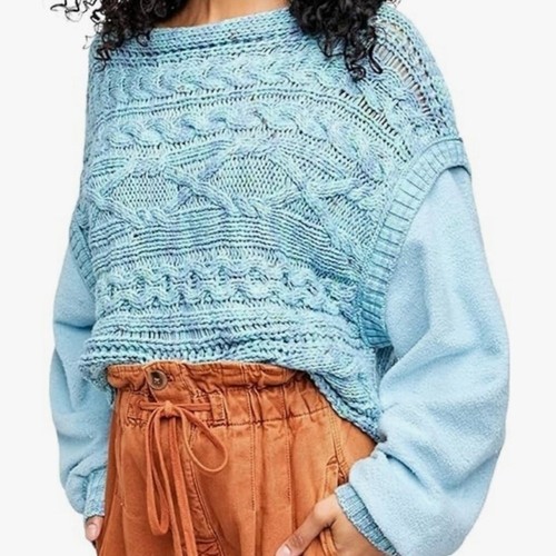 Free People Honey Cable Pullover Siren Blue Sweater Size XS Oversized New
