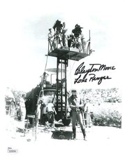CLAYTON MOORE HAND SIGNED 8x10 PHOTO      THE LONE RANGER ON THE SET      JSA