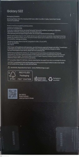 Boite vide d'origine Samsung Galaxy S22 NOIR FANTÔME (sans accessoires) - Photo 2 sur 3
