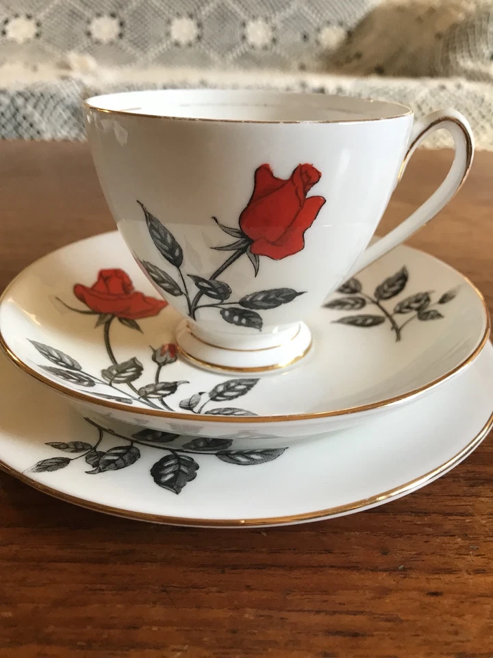 Vintage Queen Anne "Carmen"  Trio Red Rose High Tea Cup Saucer and Plate - image 2 of 4
