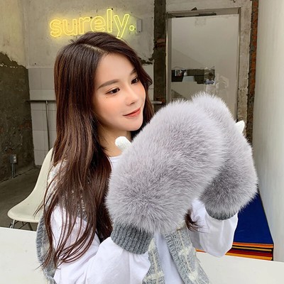 New Women Thick Genuine Fox Fur Mittens Winter Warm Lady Real Fur Glove Knit Fur