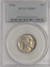 1936-P Philadelphia Minted Buffalo Nickel Five Cent 5C PCGS Graded MS65 UNC $85