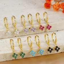 Gold Tone Zircon Flower Pendant Hoop Earrings Women Steel Huggie Round Jewelry