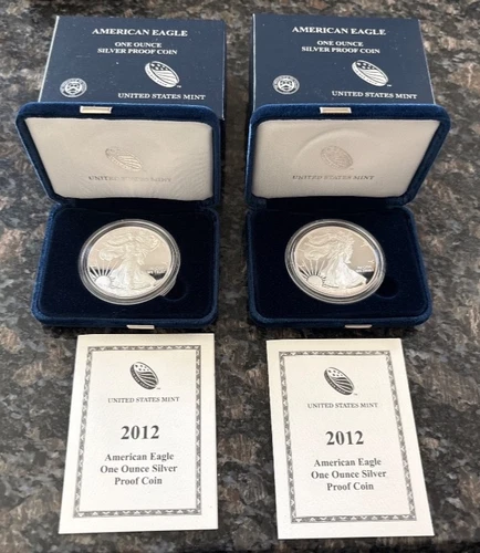 (2) 2012-W American Silver Eagle Proof Coins - 1oz .999 Silver - OGP & COA Lot