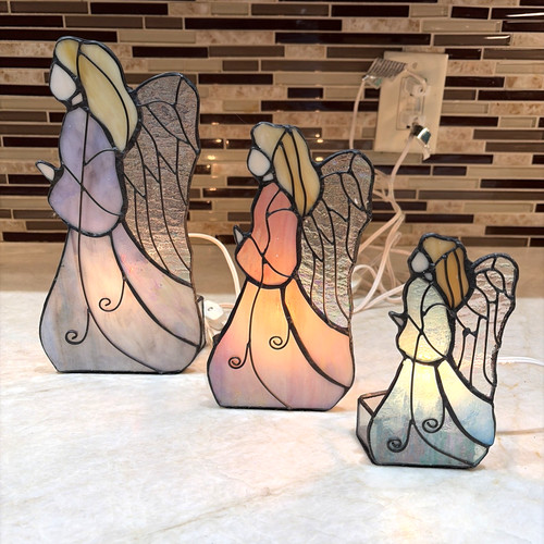 Vintage Tiffany Style Stained Glass Angels Lighted Set of 3 Holiday Multicolor