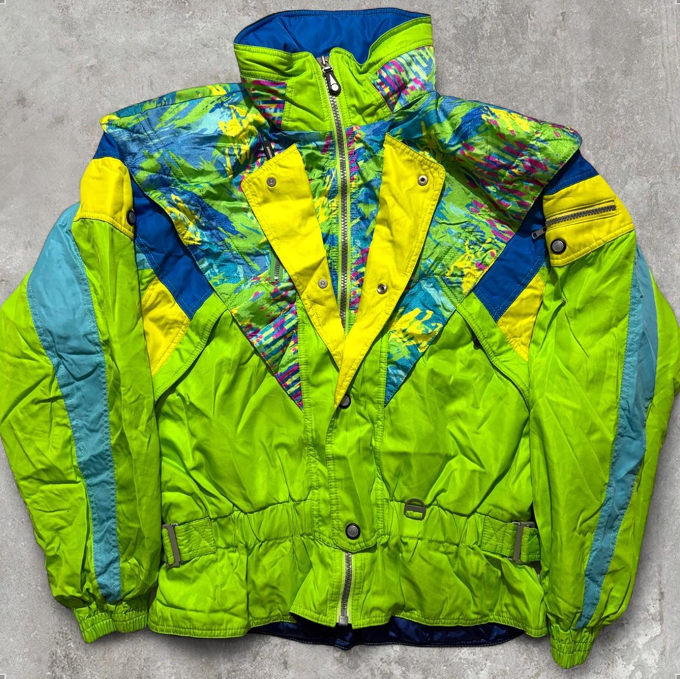 Vintage Rossignol 80s 90s Neon Green Ski Jacket Colourblock Retro Snow ...