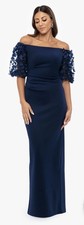 Xscape "BERNICE" TECHNO SCUBA 3D FLORAL SLEEVE FLOOR LENGTH DRESS Navy Size 4