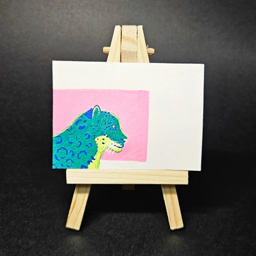 ACEO Original Snow Leopard Cat Green Pink Acrylic Marker and Ink Free Shipping