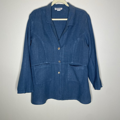 MATCH POINT USA 100% Linen Lagenlook Jacket Top Button Front Blue Sz Large