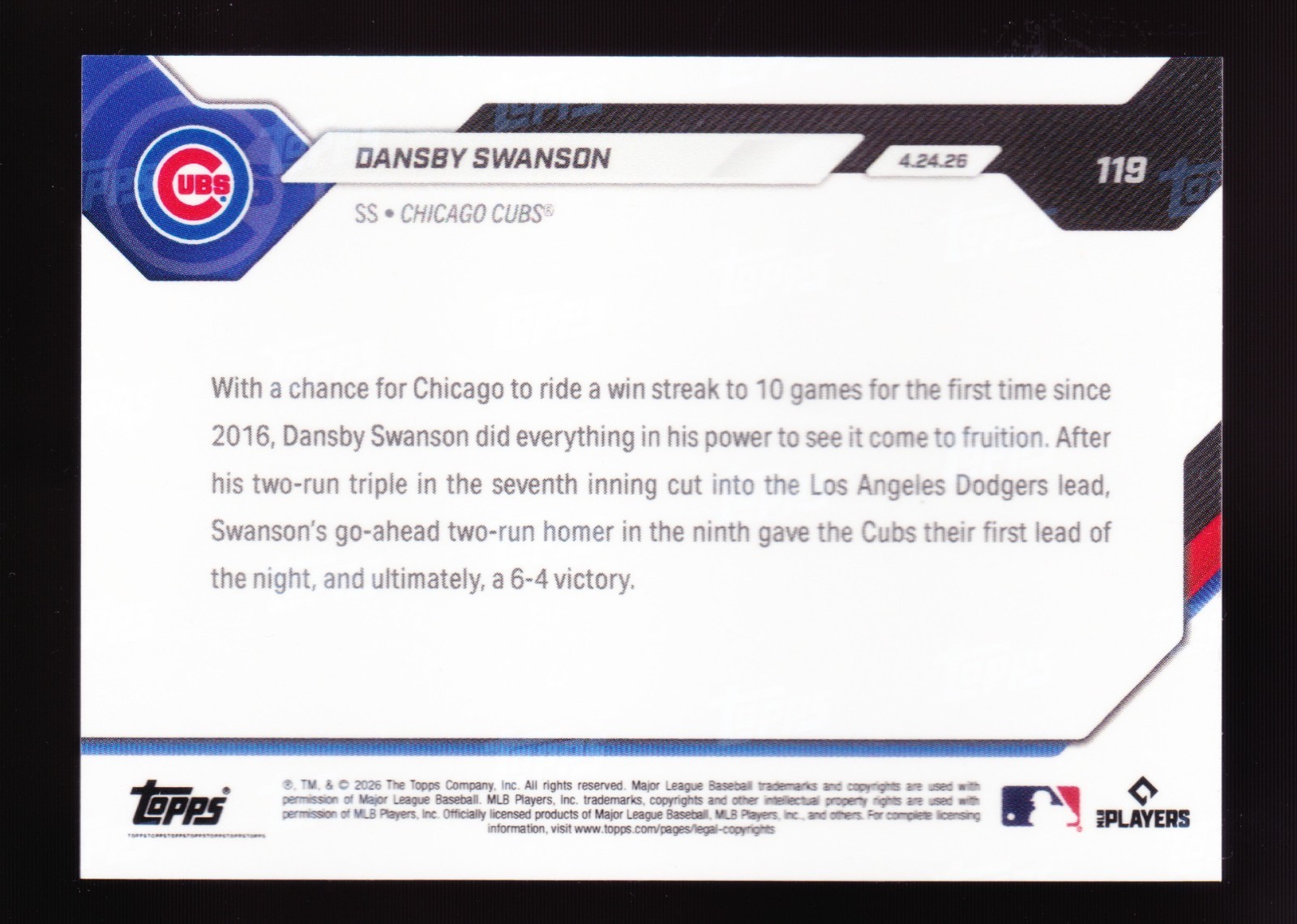 Dansby Swanson Cubs 10-Game Win Streak vs Dodgers 2026 Topps Now #119 Gold 49/50