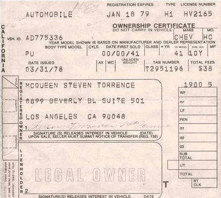 1941 Chevrolet Pickup pink slip owned by Steve McQueen
