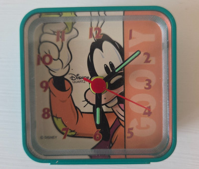 Disney Goofy Travel Alarm Clock Quartz Portable Tested WORKS 2 1/4'' Square RARE