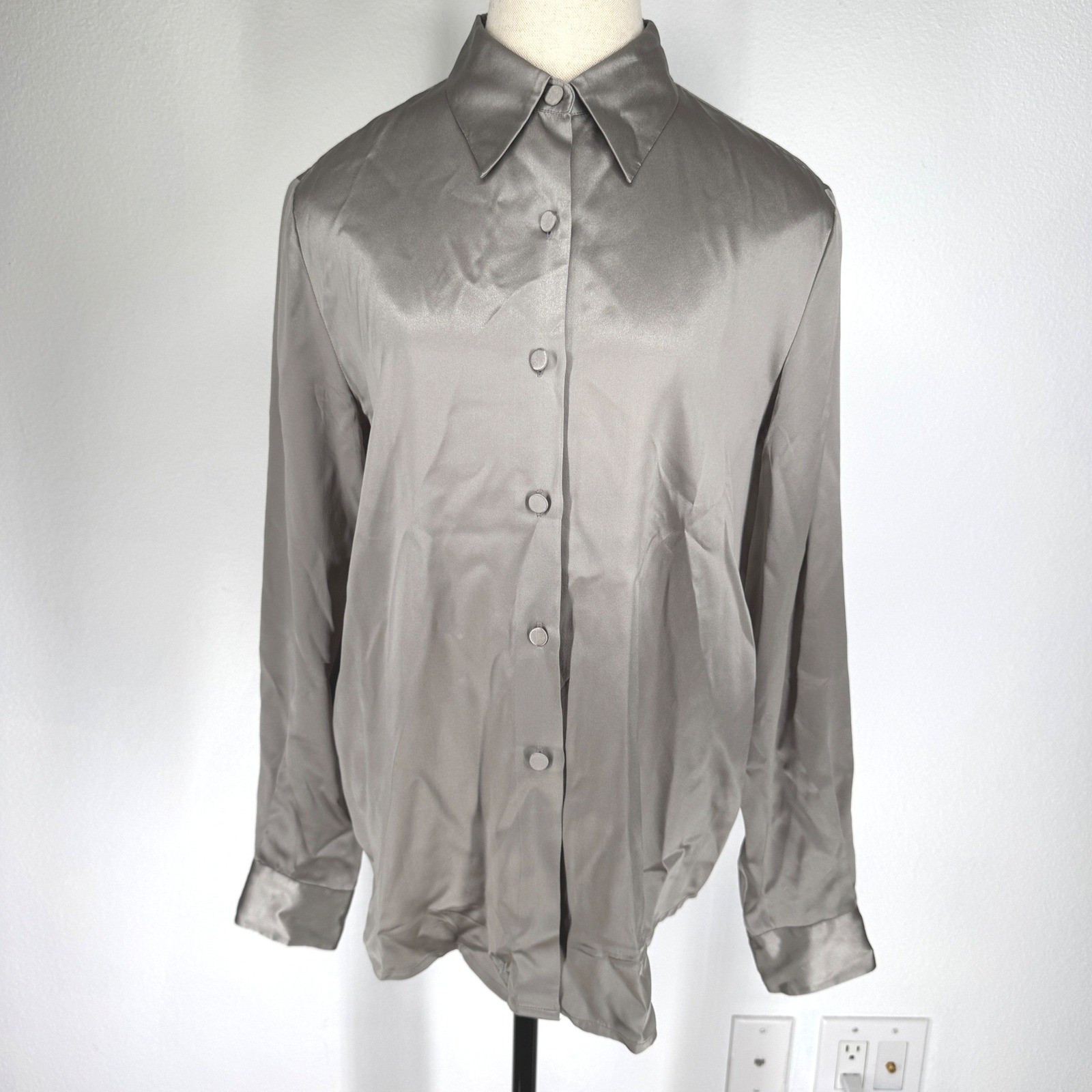 Vintage Silk Satin Button Down Blouse Medium Gray Capsule Minimalist Old Money