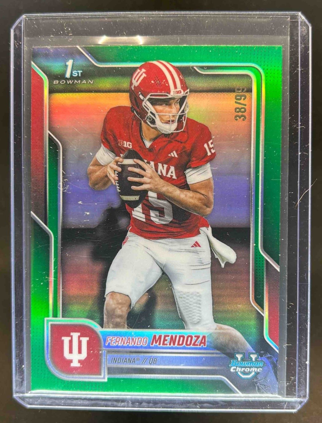 2025 Bowman Chrome University Fernando Mendoza Green Refractor 1st Prospect #/99