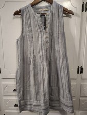 Faherty Dress Womens Small Linen Striped Gray Pockets Beachy  A-Line Popover