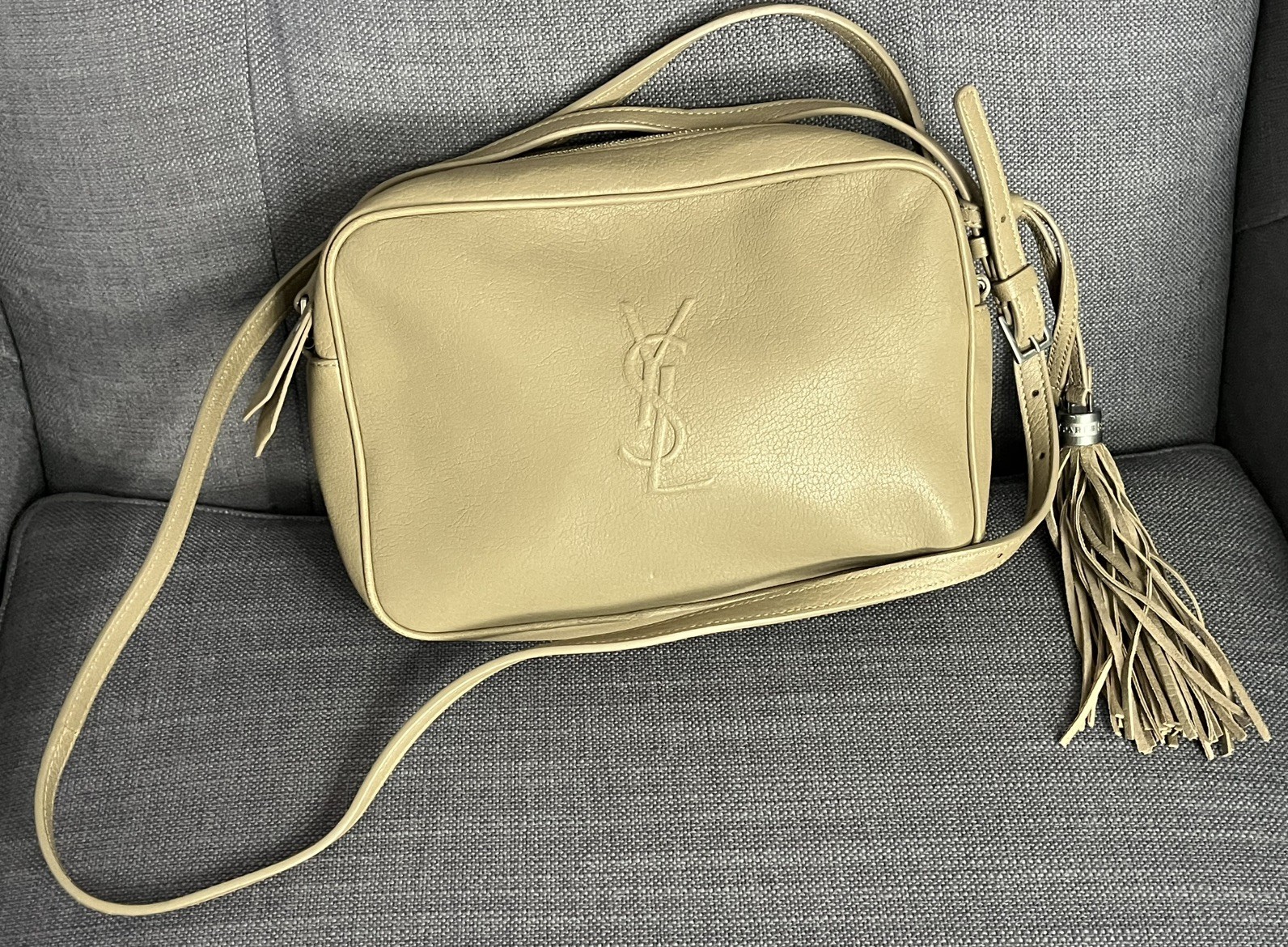 Saint Laurent Lou Leather Shoulder Crossbody Camera Bag Beige YSL
