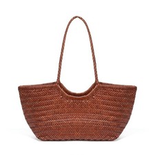 Vintage Hand Woven Genuine Leather Tote Bag French Basket Shoulder Bag summer