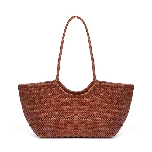 Vintage Hand Woven Genuine Leather Tote Bag French Basket Shoulder Bag summer