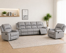 SILVER GREY High Quality Fabric 4 Seater & 2 Armchair Manual Recliner Sofa QUEST