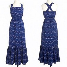 J Crew Blue Ikat Maxi Dress Geometric Square Neck Ruffle Hem Sz 16 NWT