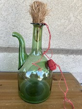 Green Glass Round Decanter w/ Handle Straw Stopper, Decorative 13x7 in