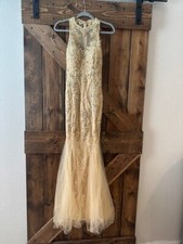 Special Occastion, Prom Dress by Cinderella Divine - Gold Sequined, Tuile Bottom