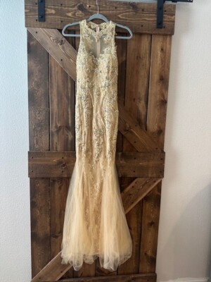 Special Occastion, Prom Dress by Cinderella Divine - Gold Sequined, Tuile Bottom