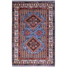 5'10" x 9' Azure Blue Hand Knotted Shiny Wool Turkish Knot Striped Rug R86981