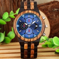 Men's Natural Wooden Watch Auto Date Quartz Adjustable Full Wood Strap Watches
