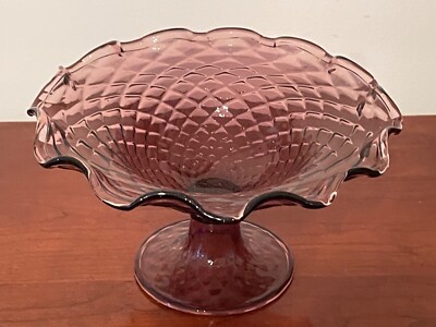VTG Murano Console Art Glass Large Raspberry Diamond Optic Pedestal  Bowl
