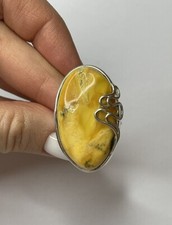 Genuine Amber Stone Jewelry Ring with Sterling Silver.Natural Yellow Amber Ring.